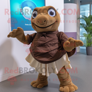 Brown Sea Turtle mascot costume character dressed with a Wrap Skirt and Gloves
