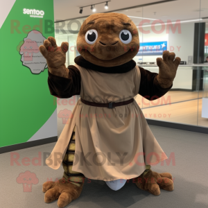 Brown Sea Turtle mascot costume character dressed with a Wrap Skirt and Gloves