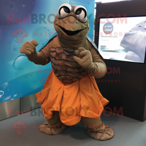 Brown Sea Turtle mascot costume character dressed with a Wrap Skirt and Gloves