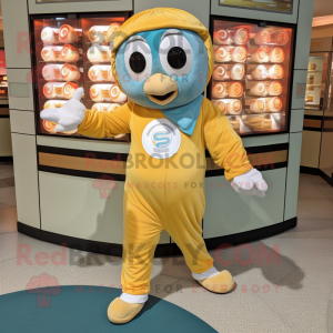 nan Bagels mascot costume character dressed with a Jumpsuit and Coin purses