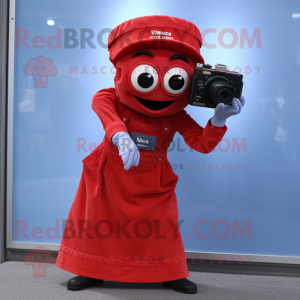 Red Camera mascot costume character dressed with a Mom Jeans and Gloves