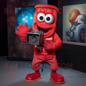 Red Camera mascot costume character dressed with a Mom Jeans and Gloves