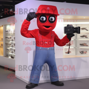Red Camera mascot costume character dressed with a Mom Jeans and Gloves