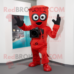 Red Camera mascot costume character dressed with a Mom Jeans and Gloves