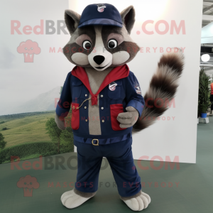 Navy Raccoon mascot costume character dressed with a Bootcut Jeans and Shoe laces