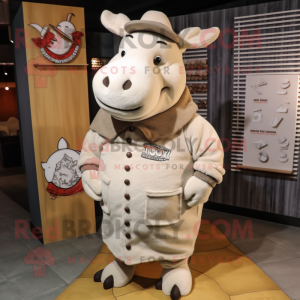 Beige Rhinoceros mascot costume character dressed with a Coat and Beanies