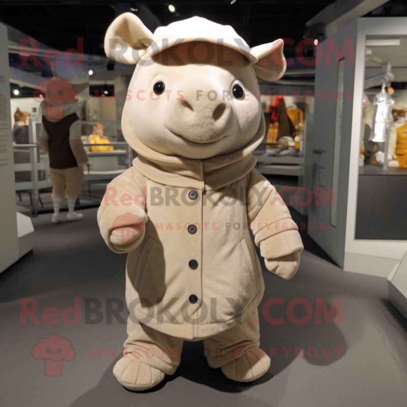 Beige Rhinoceros mascot costume character dressed with a Coat and Beanies