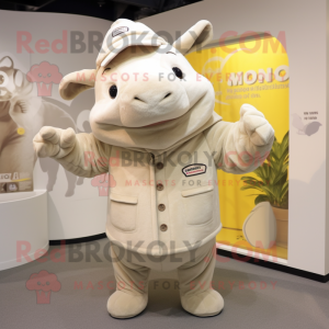 Beige Rhinoceros mascot costume character dressed with a Coat and Beanies