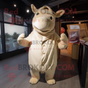 Beige Rhinoceros mascot costume character dressed with a Coat and Beanies