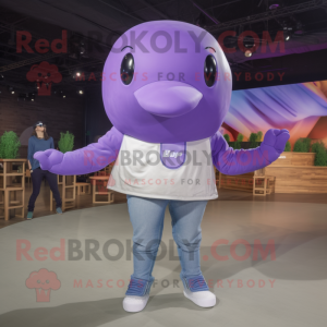 Lavender Whale mascot costume character dressed with a Jeggings and Shoe laces