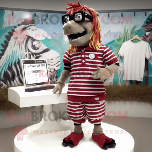 Maroon Quagga mascot costume character dressed with a Board Shorts and Eyeglasses