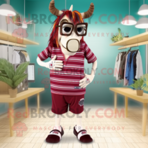 Maroon Quagga mascot costume character dressed with a Board Shorts and Eyeglasses