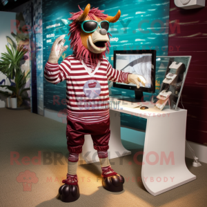 Maroon Quagga mascot costume character dressed with a Board Shorts and Eyeglasses