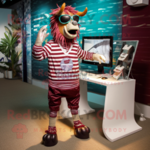 Maroon Quagga mascot costume character dressed with a Board Shorts and Eyeglasses