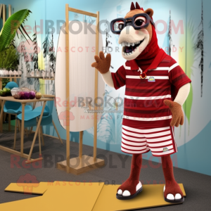 Maroon Quagga mascot costume character dressed with a Board Shorts and Eyeglasses