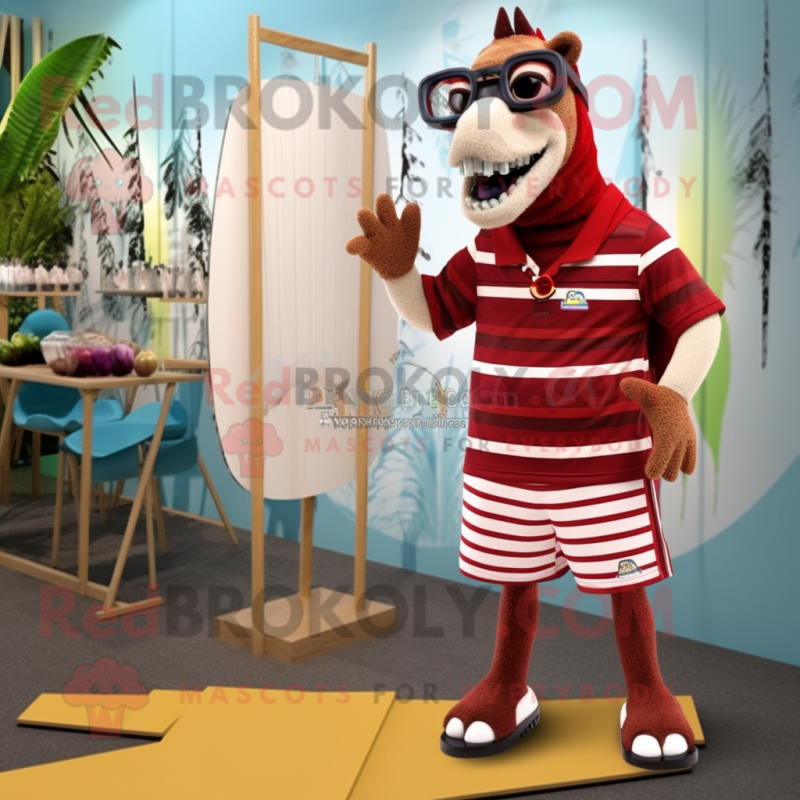 Maroon Quagga mascot costume character dressed with a Board Shorts and Eyeglasses Maroon Quagga mascot costume character dressed with a Board Shorts and Eyeglasses