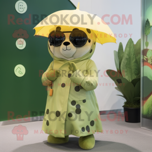 Olive Ermine mascot costume character dressed with a Raincoat and Sunglasses