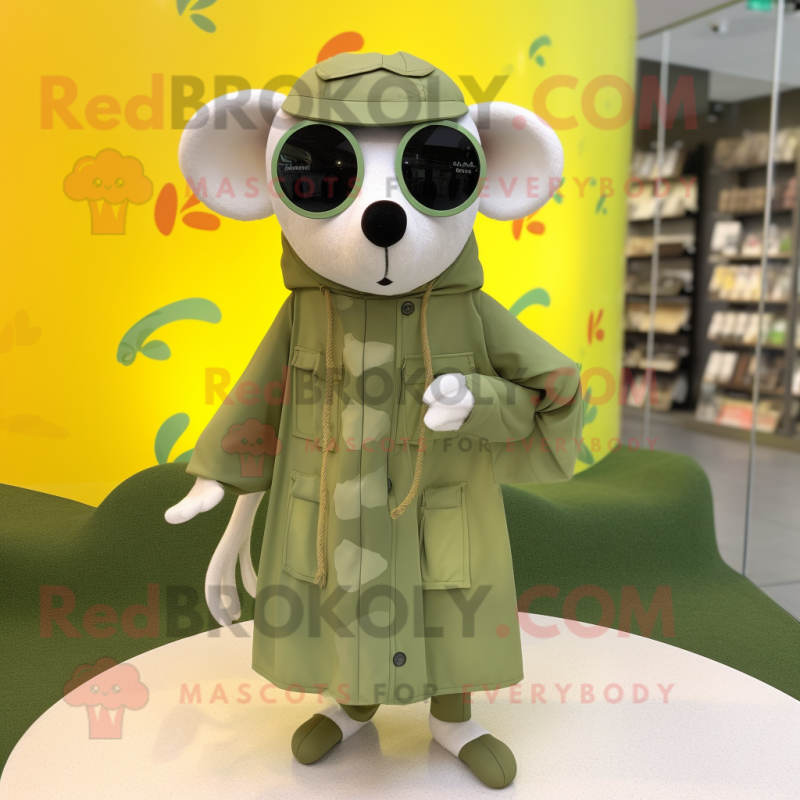 Olive Ermine mascot costume character dressed with a Raincoat and Sunglasses Olive Ermine mascot costume character dressed with a Raincoat and Sunglasses