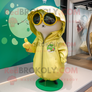 Olive Ermine mascot costume character dressed with a Raincoat and Sunglasses