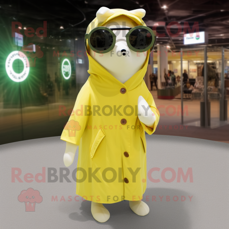 Olive Ermine mascot costume character dressed with a Raincoat and Sunglasses