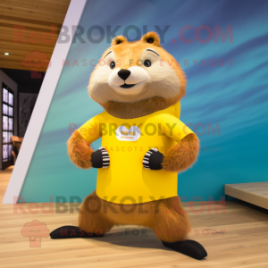 Yellow Marmot mascot costume character dressed with a Yoga Pants and Foot pads