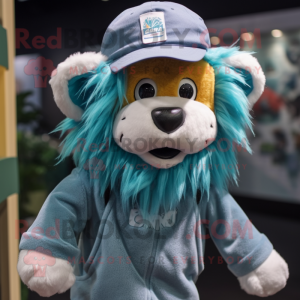 Teal Lion mascot costume character dressed with a Overalls and Beanies