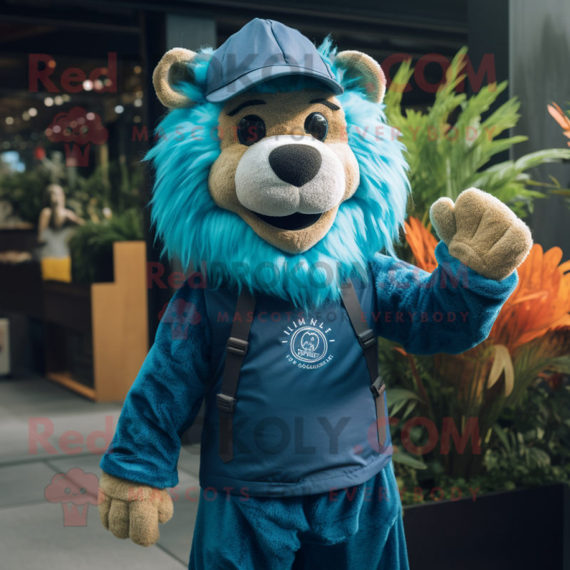 Teal Lion mascot costume character dressed with a Overalls and Beanies