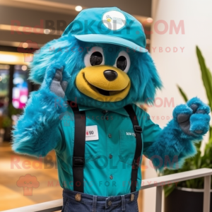 Teal Lion mascot costume character dressed with a Overalls and Beanies