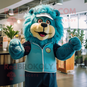 Teal Lion mascot costume character dressed with a Overalls and Beanies