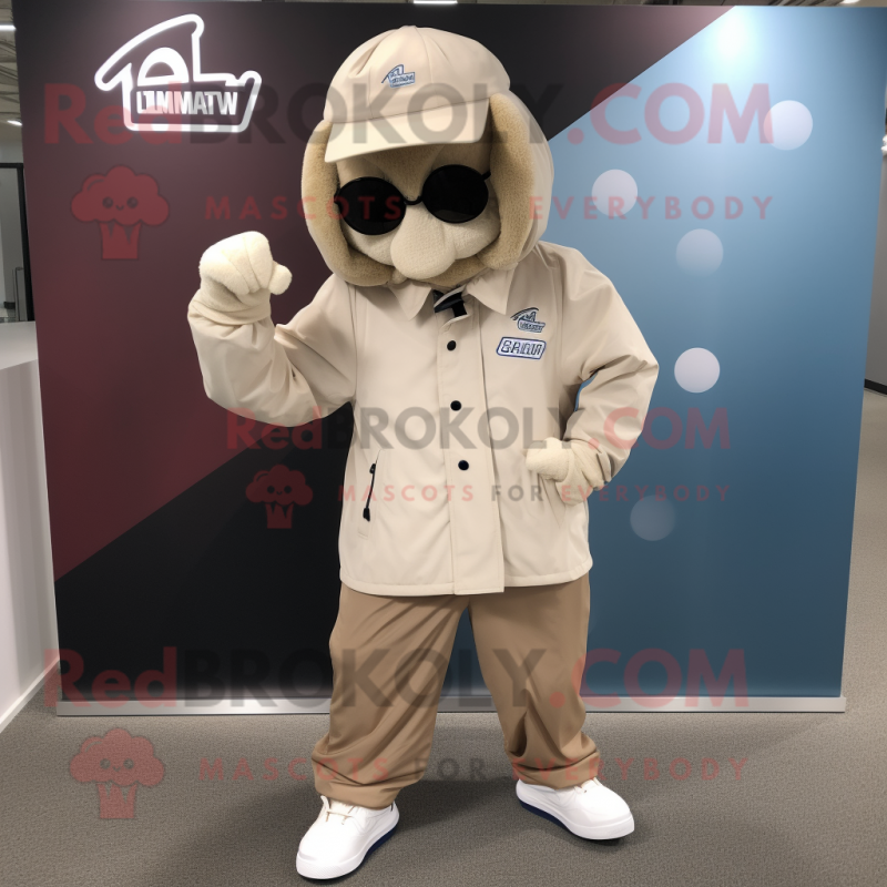 Beige Momentum mascot costume character dressed with a Windbreaker and Shoe laces Beige Momentum mascot costume character dressed with a Windbreaker and Shoe laces