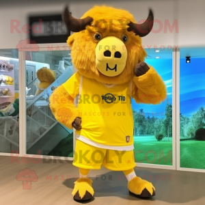 Lemon Yellow Bison mascot costume character dressed with a Bermuda Shorts and Hair clips