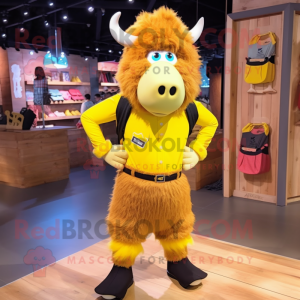 Lemon Yellow Bison mascot costume character dressed with a Bermuda Shorts and Hair clips