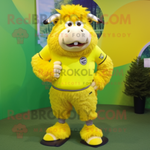 Lemon Yellow Bison mascot costume character dressed with a Bermuda Shorts and Hair clips