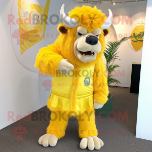 Lemon Yellow Bison mascot costume character dressed with a Bermuda Shorts and Hair clips