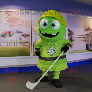 Lime Green Ice Hockey Stick mascot costume character dressed with a Circle Skirt and Caps