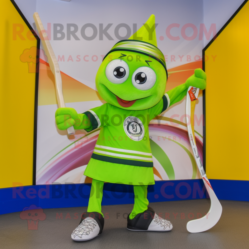 Lime Green Ice Hockey Stick mascot costume character dressed with a Circle Skirt and Caps Lime Green Ice Hockey Stick mascot costume character dressed with a Circle Skirt and Caps