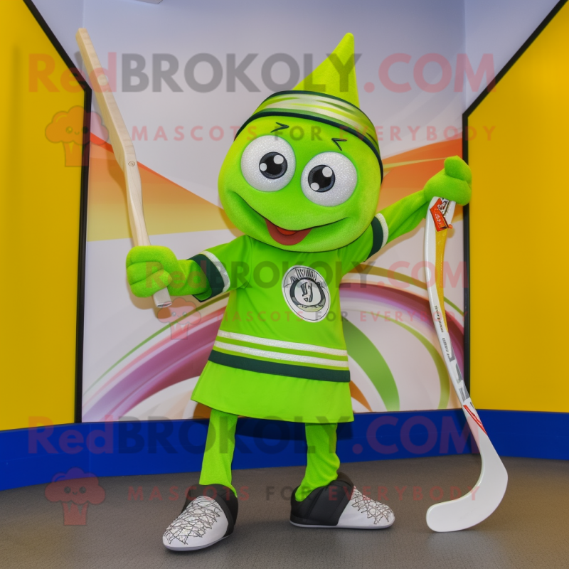 Lime Green Ice Hockey Stick mascot costume character dressed with a Circle Skirt and Caps