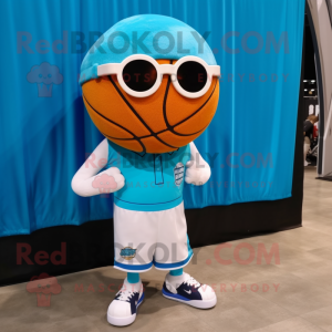 Cyan Basketball Ball mascot costume character dressed with a Corduroy Pants and Sunglasses