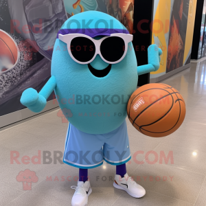 Cyan Basketball Ball mascot costume character dressed with a Corduroy Pants and Sunglasses