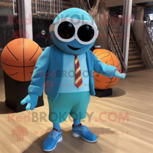 Cyan Basketball Ball mascot costume character dressed with a Corduroy Pants and Sunglasses