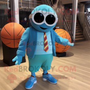 Cyan Basketball Ball mascot costume character dressed with a Corduroy Pants and Sunglasses