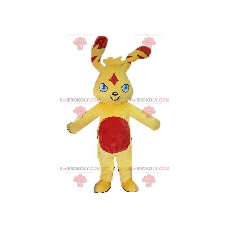 Mascote coelhinho amarelo e vermelho com uma aparência Mascote coelhinho amarelo e vermelho com uma aparência