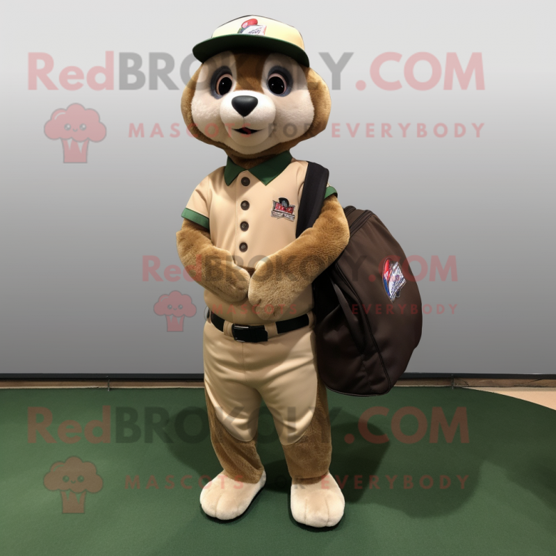 Olive Meerkat mascot costume character dressed with a Baseball Tee and Messenger bags