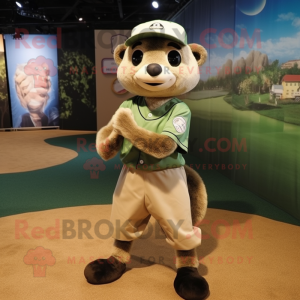 Olive Meerkat mascot costume character dressed with a Baseball Tee and Messenger bags