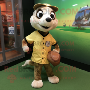 Olive Meerkat mascot costume character dressed with a Baseball Tee and Messenger bags