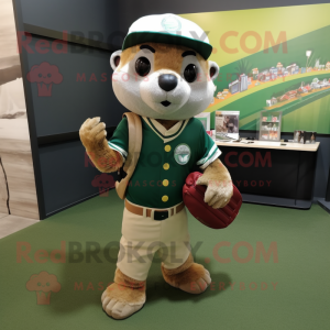 Olive Meerkat mascot costume character dressed with a Baseball Tee and Messenger bags