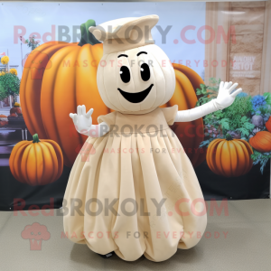 Beige Pumpkin mascot costume character dressed with a Dress and Gloves