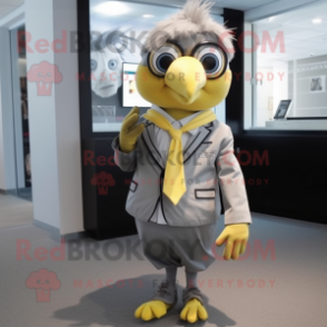 Gray Canary mascot costume character dressed with a Windbreaker and Tie pins