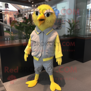 Gray Canary mascot costume character dressed with a Windbreaker and Tie pins