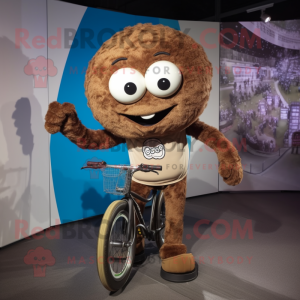 Brown Unicyclist mascot costume character dressed with a T-Shirt and Clutch bags